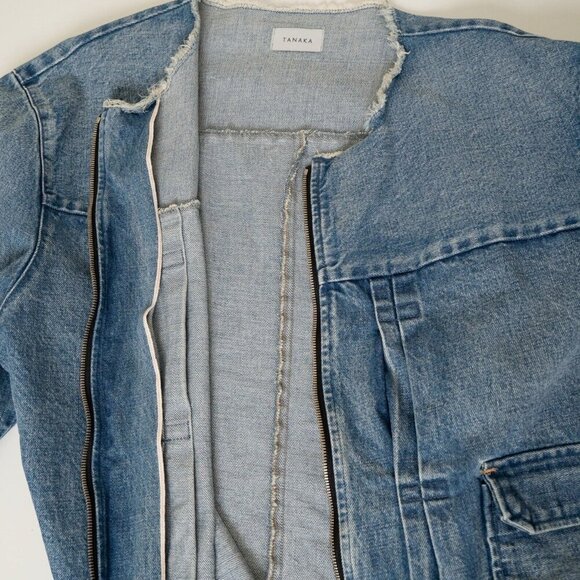 TANAKA Denim Work Jacket No Collar Raw Hem Zip Blue Mid Washed Unisex - Picture 11 of 13